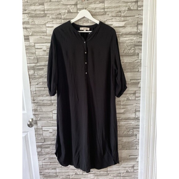 Ann Taylor LOFT Solid Loose Oversized T-Shirt Button Shirt Midi Dress Black - Picture 1 of 13